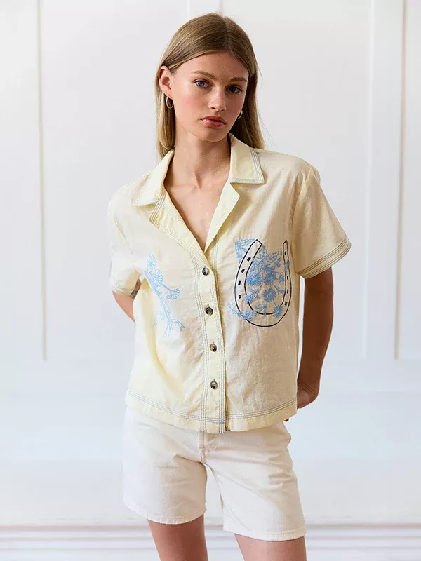 Embroidered Collared Blouse: Yellow