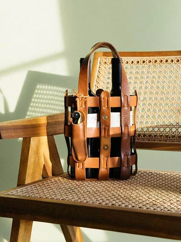 Leather Wine Tote: Tan