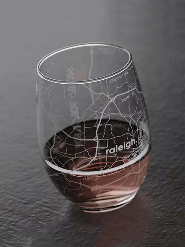 Raleigh NC Map Stemless Wine Glass