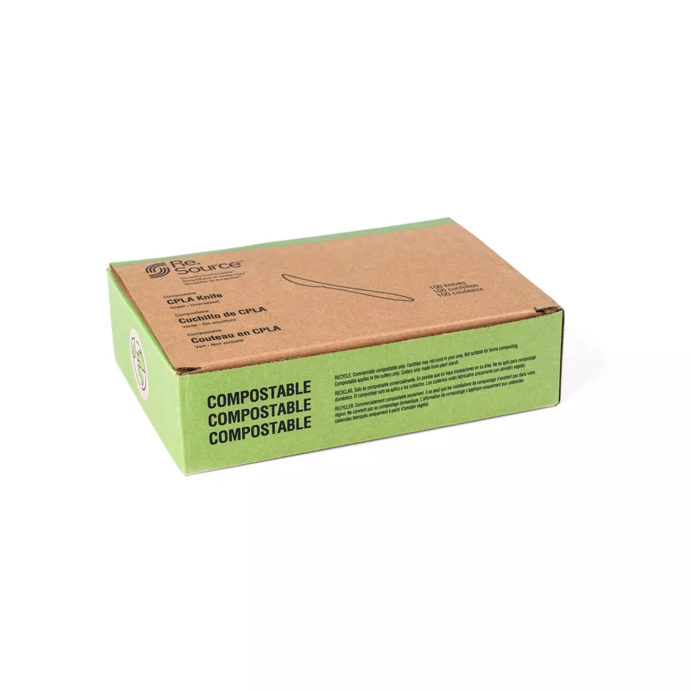 Re.Source Plastic Knives, Green, CPLA, Compostable, 100 Ct Package, 10/Case
