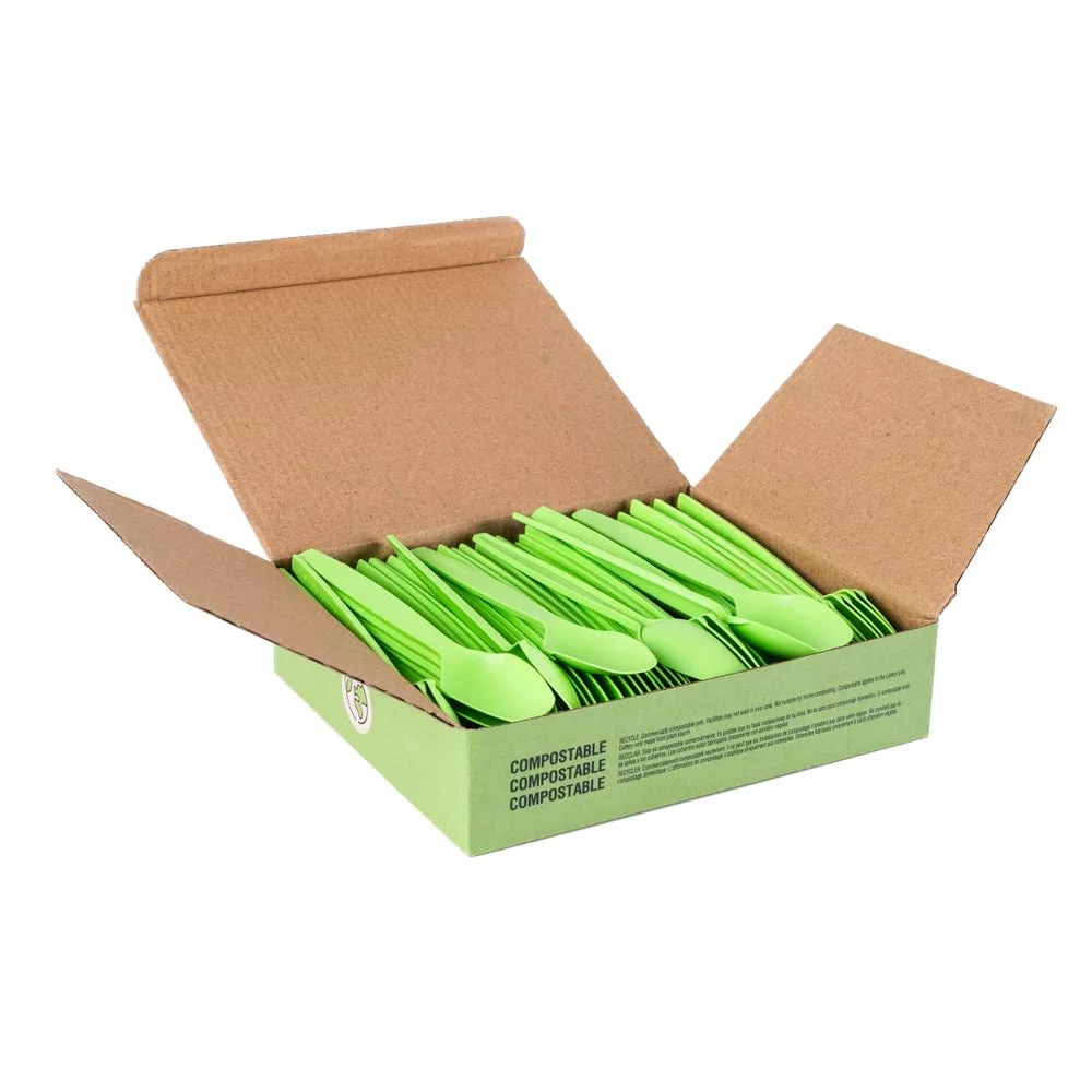 Re.Source Plastic Spoons, Green, CPLA, Compostable, 100 Ct Package, 10/Case