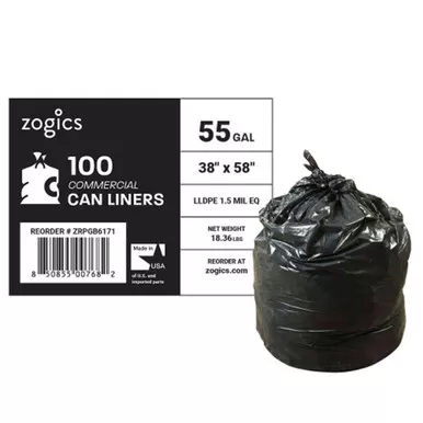 Zogics 55 Gallon Can Liners, 38" x 58", 1.5 Mil, Low-Density, Black (100/Case)