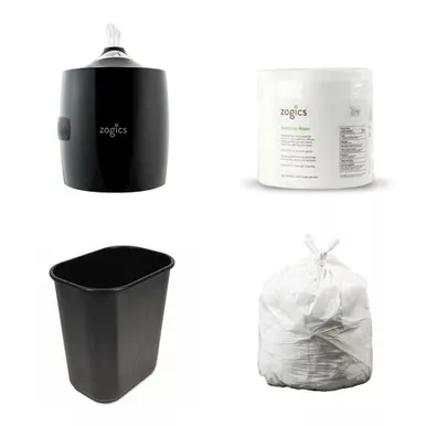 Zogics Beginner Bundle: Wall-Mounted Upward Pull Dispenser with 4 Rolls of Wipes, Trash Can, & Can Liners
