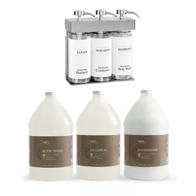 Zogics Organics Honey Coconut Bath & Body Care Gallon Sampler Case with SOLera Oval 3-Chamber Refillable Dispenser