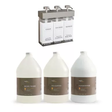 Zogics Organics Honey Coconut Bath & Body Care Gallon Sampler Case with SOLera Rectangle 3-Chamber Refillable Dispenser